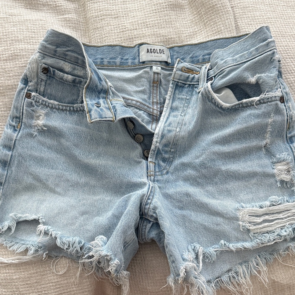 Agolde Distressed Denim Shorts - Light Blue
